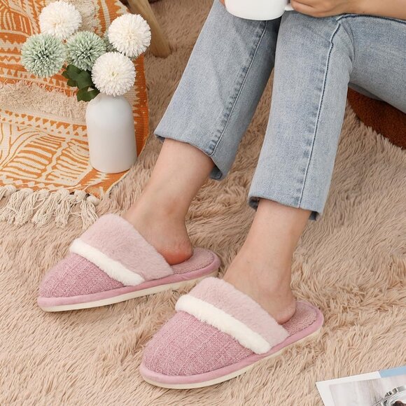 Women's Pink Two-Tone Cozy Comfy Memory Foam Slippers Slip-On Indoor House Shoes - Picture 6 of 8
